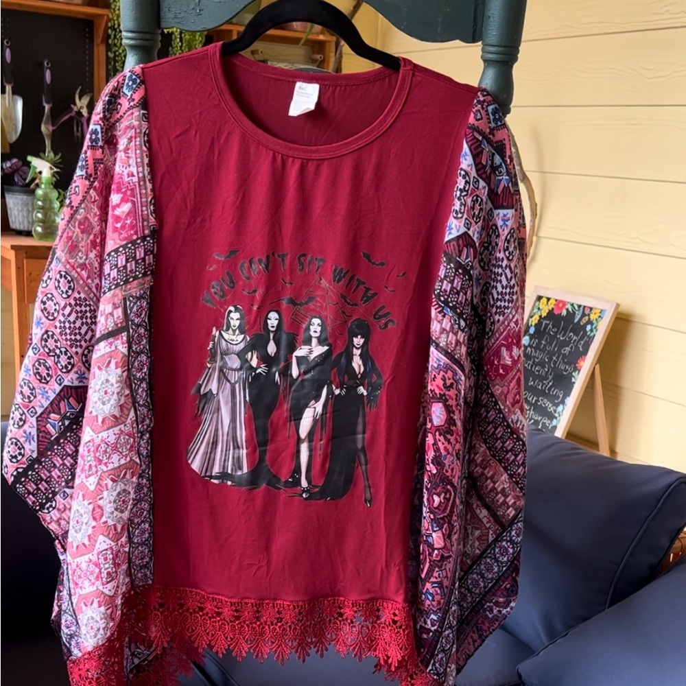 Upcycled Halloween Poncho Shirt, “You Can’t Sit with Us” Graphic, Spooky Squad